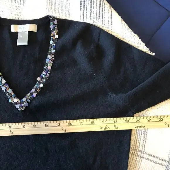 McDuff Womens 100% Cashmere V-Neck Sweater Sz L Black Sequin Soft - Picture 6 of 7